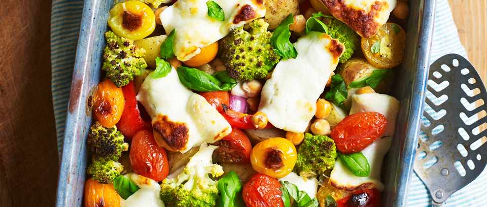 Halloumi traybake with broccoli, tomatoes and basil