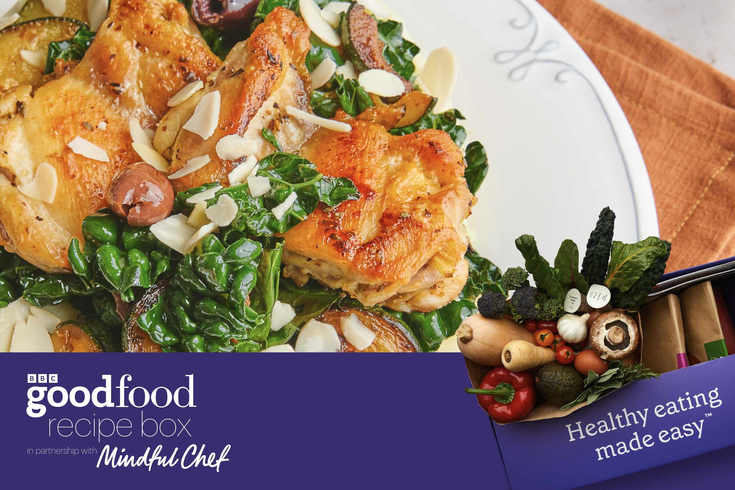 Good Food Mindful Chef promotional image featuring a chicken dish with olives and greens